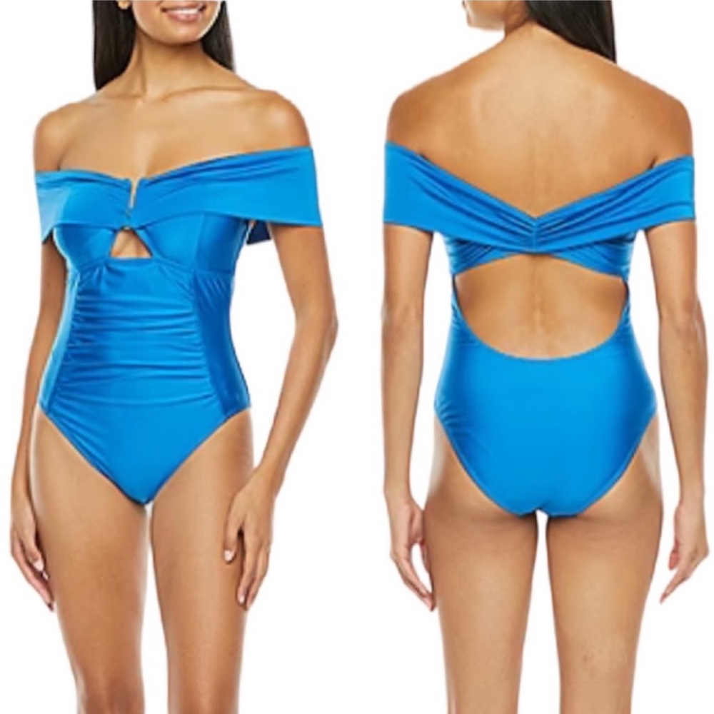 NWT MYNAH Ruched Off-Shoulder One Piece Blue Swimsuit S
